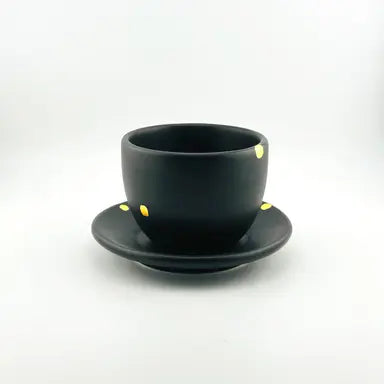 Handcrafted Ceramic Espresso Cup & Saucer – Matte Black with Gold Dots